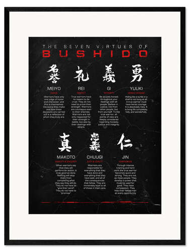 Ingelijste kunstdruk Seven Virtues of Bushido, black