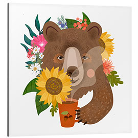 Stampa su alluminio Bear with flowers and coffee