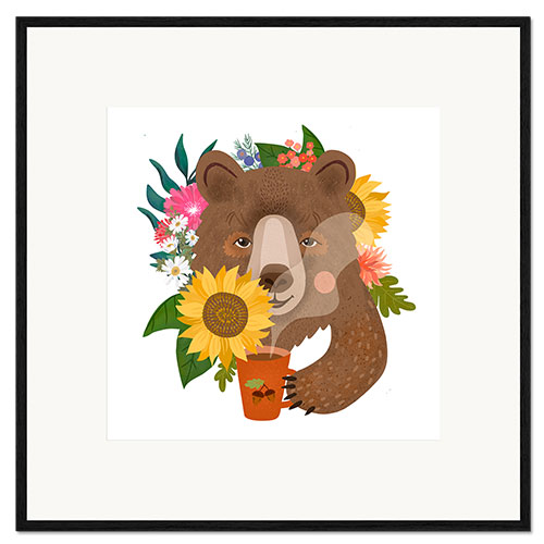 Plakat artystyczny premium w ramie Bear with flowers and coffee