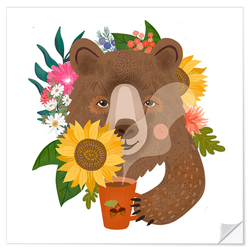 Adesivo murale Bear with flowers and coffee