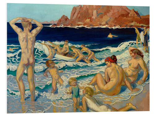 Print på skumplade Beach with Boat and Naked Man, 1924