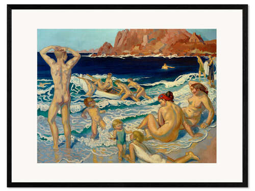 Impresión de arte enmarcada Beach with Boat and Naked Man, 1924