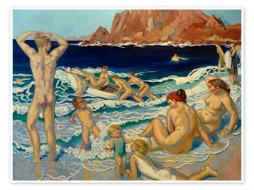 Poster Strand mit Boot und nacktem Mann, 1924