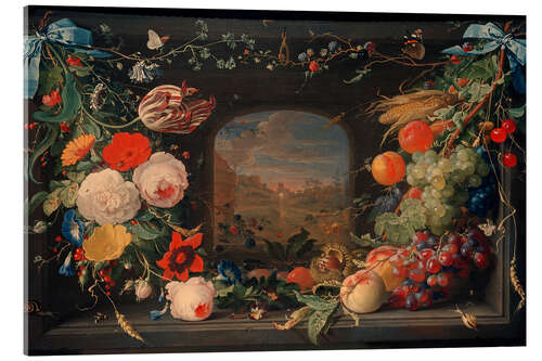 Akryylilasitaulu Flowers and Fruit Hanging in Niche With Landscape View