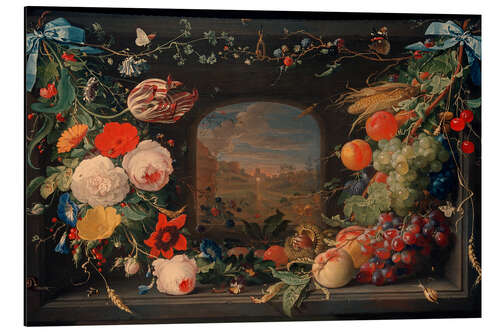 Aluminium print Flowers and Fruit Hanging in Niche With Landscape View