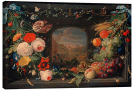 Canvas-taulu Flowers and Fruit Hanging in Niche With Landscape View