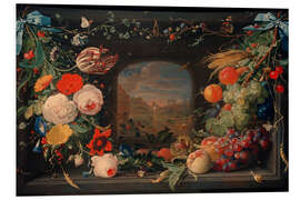 Tableau en PVC Flowers and Fruit Hanging in Niche With Landscape View