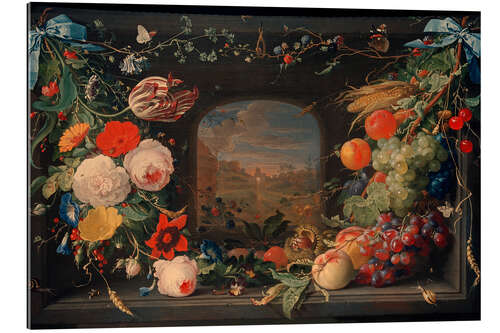 Galleritryk Flowers and Fruit Hanging in Niche With Landscape View