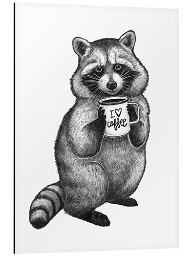 Aluminiumtavla Raccoon with coffee mug - I love coffee