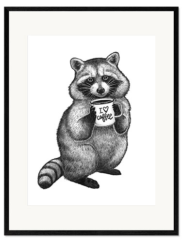 Framed art print Raccoon with coffee mug - I love coffee