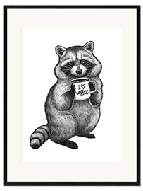 Ingelijste kunstdruk Raccoon with coffee mug - I love coffee