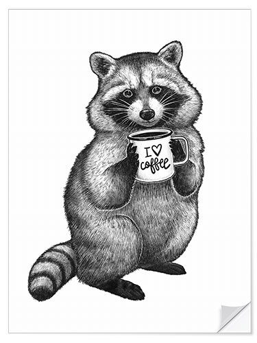 Naklejka na ścianę Raccoon with coffee mug - I love coffee