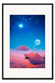 Gerahmter Kunstdruck Katze auf einer Stromleitung vor dem Nachthimmel