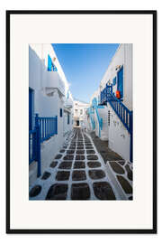 Gerahmter Kunstdruck Blaue Gasse in Mykonos
