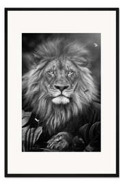Gerahmter Kunstdruck Ein Löwe im Dschungel, umgeben von Schmetterlingen