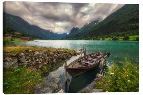 Canvas print Old boat on a lake in Norway