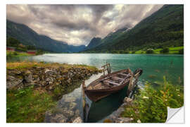 Selvklebende plakat Old boat on a lake in Norway