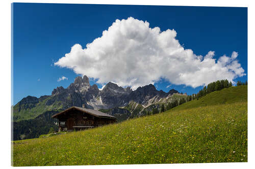 Acrylic print Alpine meadow with mountain hut and cloud formation in summer