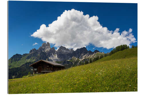 Gallery print Alpine meadow with mountain hut and cloud formation in summer