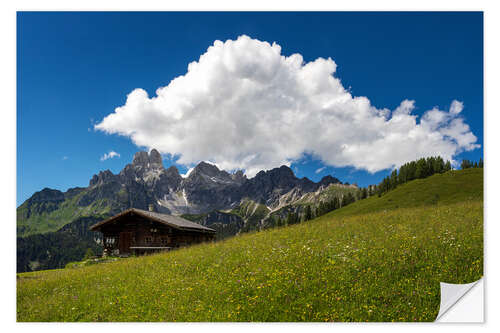 Vinilo para la pared Alpine meadow with mountain hut and cloud formation in summer