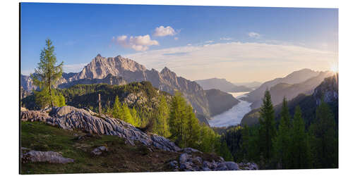 Alubild Sonnenaufgang über Königssee im Nebel