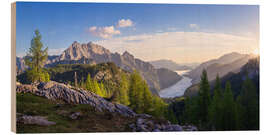 Holzbild Sonnenaufgang über Königssee im Nebel