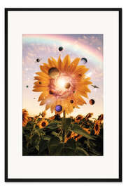 Gerahmter Kunstdruck Sonnenblume umgeben von den Planeten des Sonnensystems
