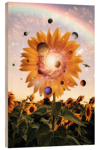 Quadro de madeira Sunflower surrounded by the planets of the solar system