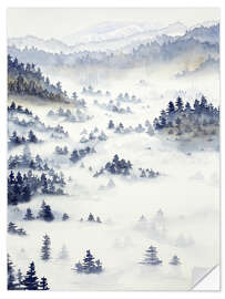 Autocolante decorativo Coniferous forest in mist during a cold winter morning