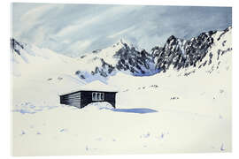 Acrylglasbild Hütte inmitten von Schnee und Bergen