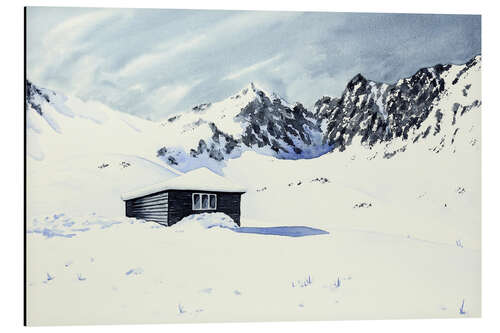 Aluminium print Cabine omringd door sneeuw en bergen