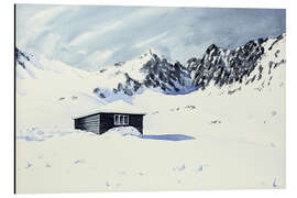Aluminiumsbilde Cabin surrounded by snow and mountains