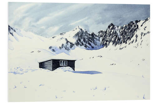 Cuadro de PVC Cabin surrounded by snow and mountains