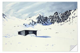 Selvklæbende plakat Cabin surrounded by snow and mountains