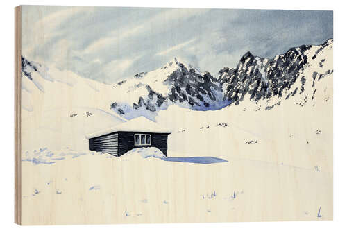 Wood print Cabin surrounded by snow and mountains
