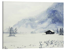 Tableau en aluminium Remote cabin in the snowstorm