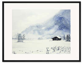Gerahmter Kunstdruck Einsame Hütte im Schneesturm