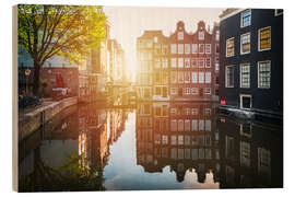 Wood print Sunrise in the canals of Amsterdam, Netherlands