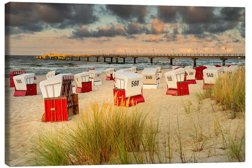 Canvas print Beach chairs at sunset on Usedom