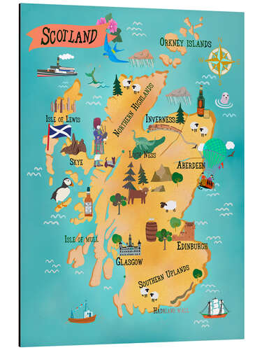 Aluminiumtavla Scotland, Map With Sights
