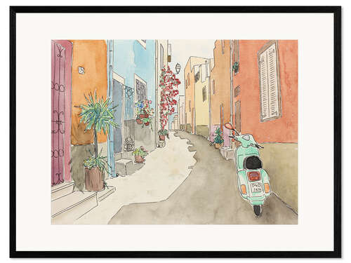 Plakat artystyczny premium w ramie Mediterranean alley in summer with scooter