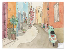 Muursticker Mediterranean alley in summer with scooter