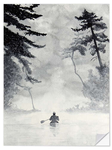 Självhäftande poster Watercolor landscape with canoe