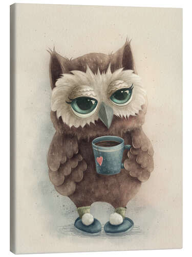 Canvastavla Cute Owl with a Cup of Tea