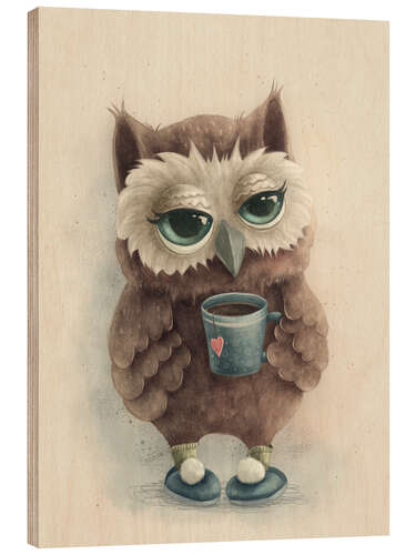 Wood print Cute Owl with a Cup of Tea