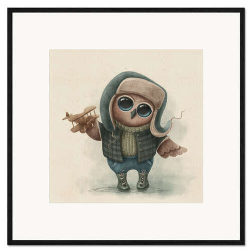 Ingelijste kunstdruk Cute Owl with Plane Toy
