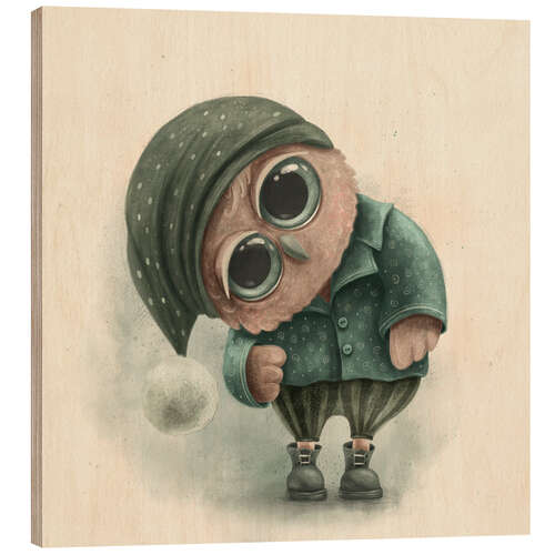 Puutaulu Cute owl with a sleepy hat