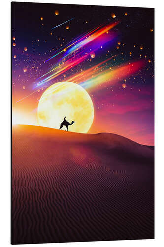 Aluminium print Dromedary in the Desert under the Moon and Chinese lanterns