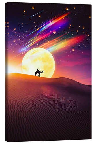 Tableau sur toile Dromedary in the Desert under the Moon and Chinese lanterns