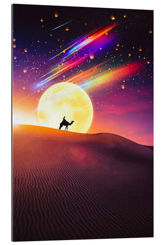 Tableau en plexi-alu Dromedary in the Desert under the Moon and Chinese lanterns